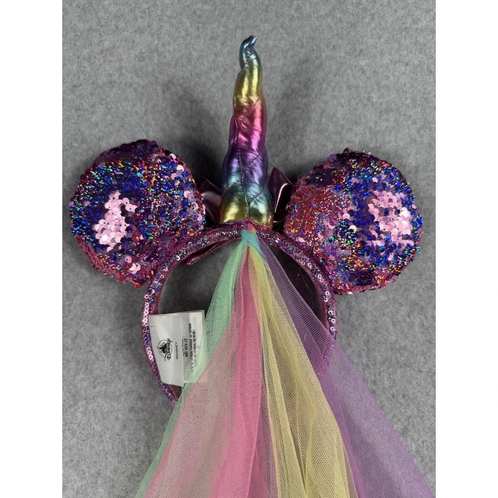 Disney Minnie Mouse Unicorn Ears Headband OS Purple Rainbow Sequin Veil Kidcore